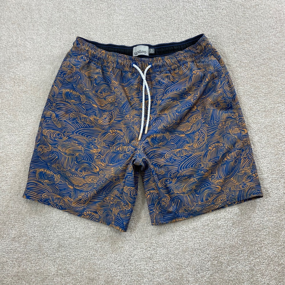 Wellen Swim Trunks Mens Small Blue Gold Wave Print Mesh Lined Board Shorts